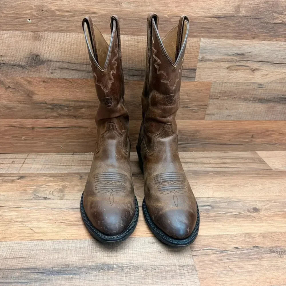Ariat Boot Mens 9D Brown Leather Almond Toe Mid-Calf Pull On Western Cushion